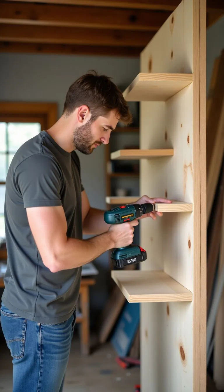 A man in his 30s is assembling a cat wall in a home workshop.