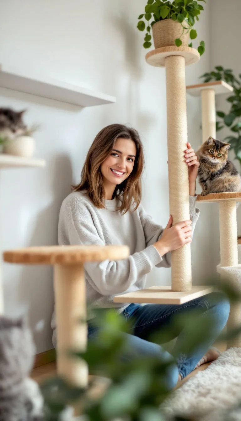 A woman sets up a cozy cat wall obstacle course at home.