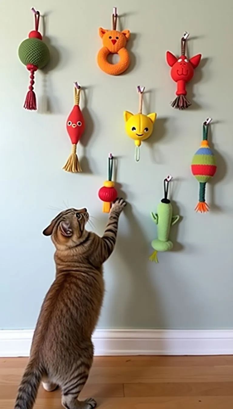 A wall designed for a cat with interactive toys hanging.