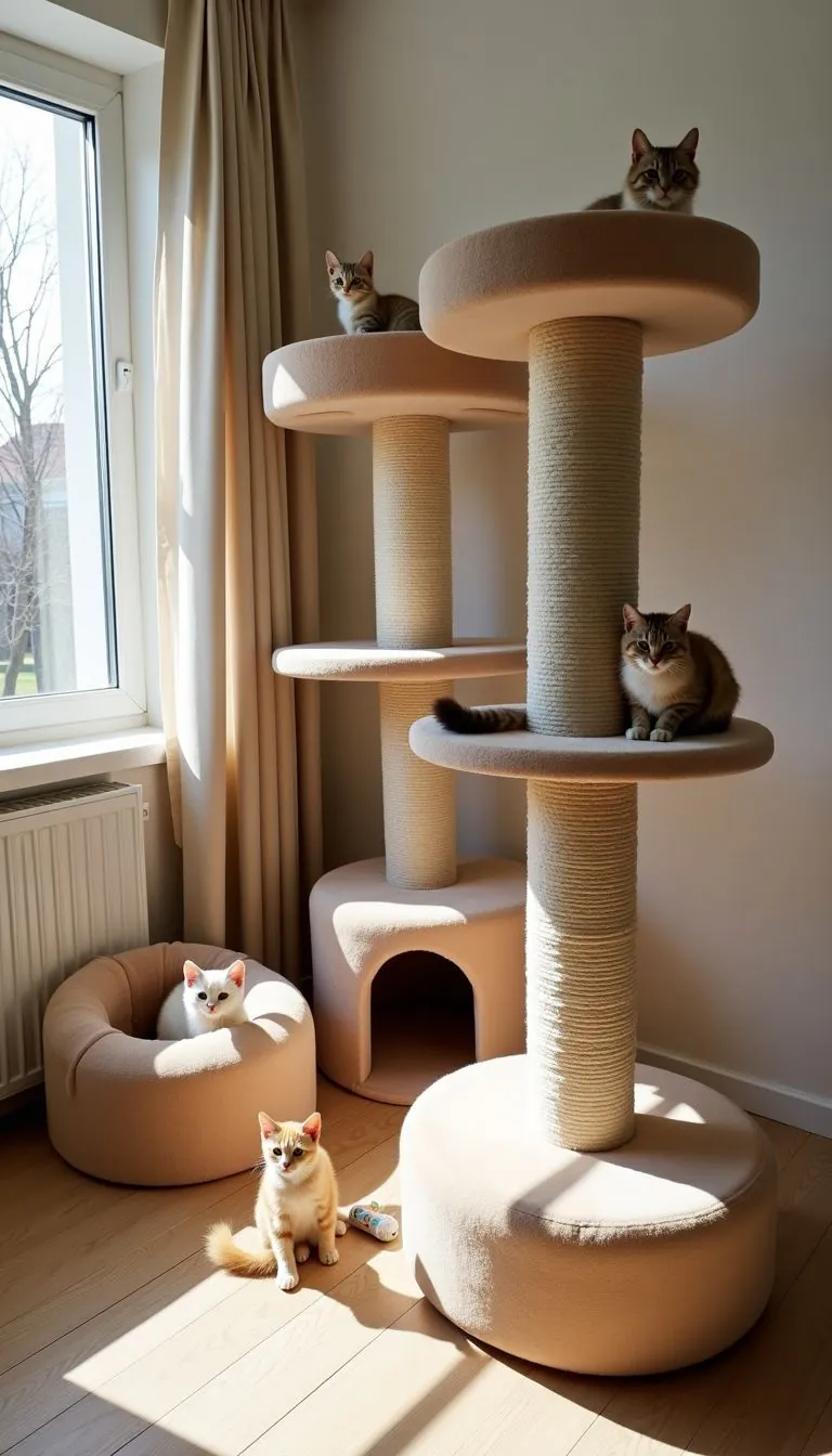A cat-friendly room with sisal posts, resting spots, and toys.