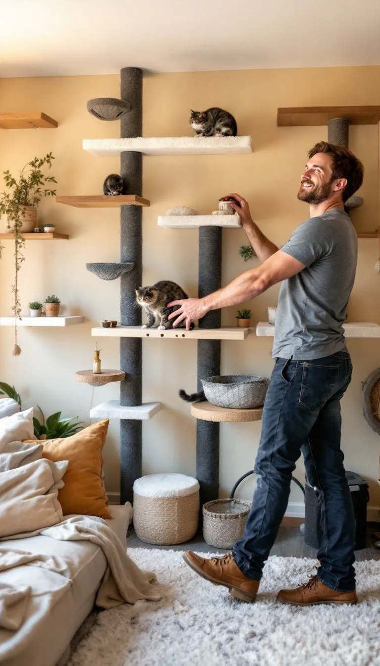 A man building a DIY cat wall in a cozy living room.