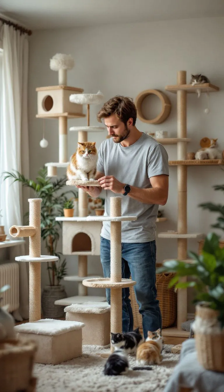 A man in his 30s assembles a cat wall playground in a cozy living room.
