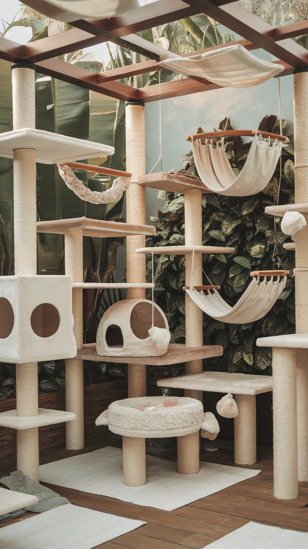 Luxury catio featuring various cat trees and hammocks for indoor cats
