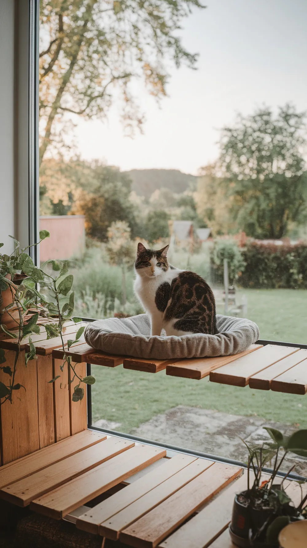 A cat sitting on a wooden window shelf with a cozy bed, overlooking a scenic garden view.
