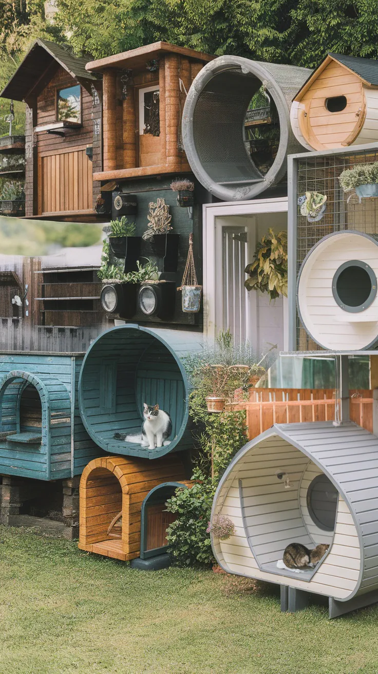 A charming outdoor cat enclosure with a wooden cat house, a climbing log, and several playful cats enjoying the space.