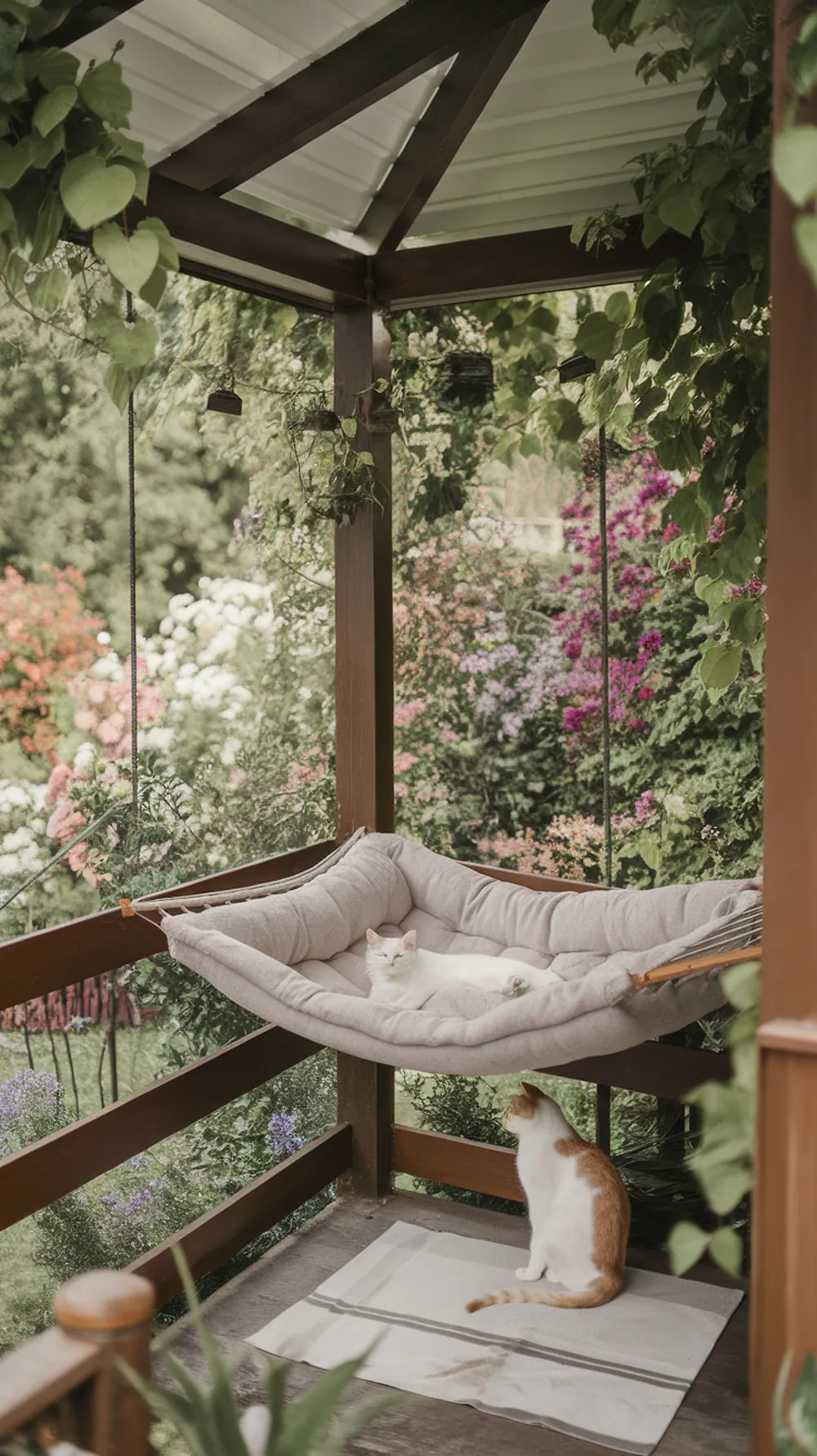 A cozy corner catio with a hammock, two cats relaxing, and colorful flowers in the background.