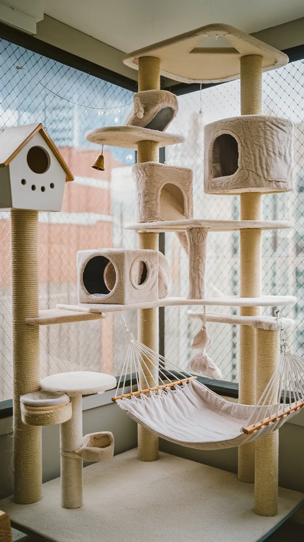 A catio featuring multiple levels, scratching posts, and a hammock for cats.
