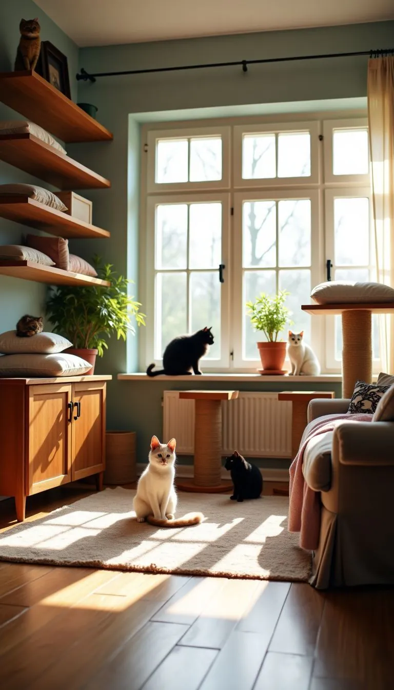A cozy living room with cat-friendly furniture and hiding spots.