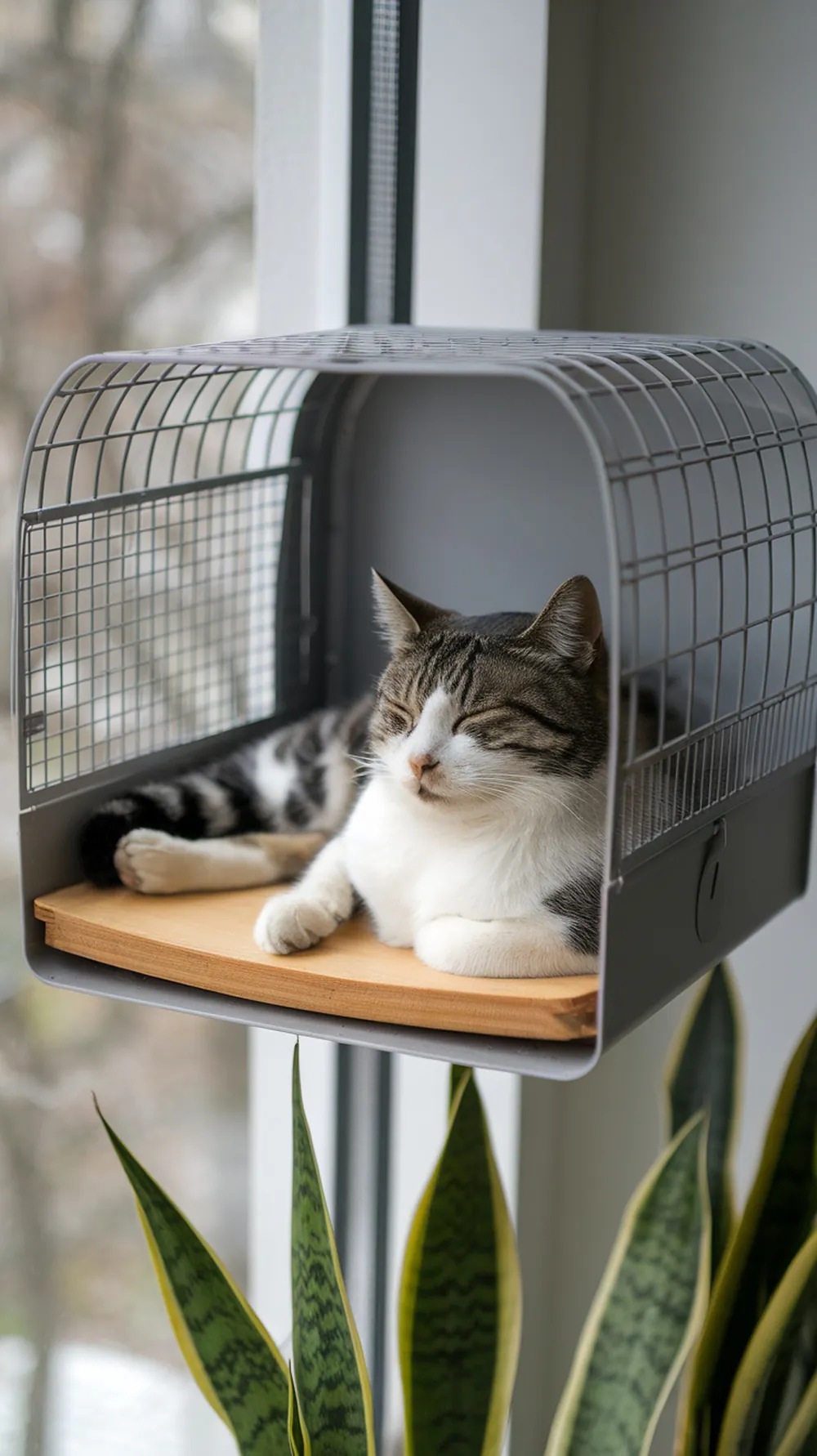 A cat resting comfortably inside a portable catio box attached to a window.