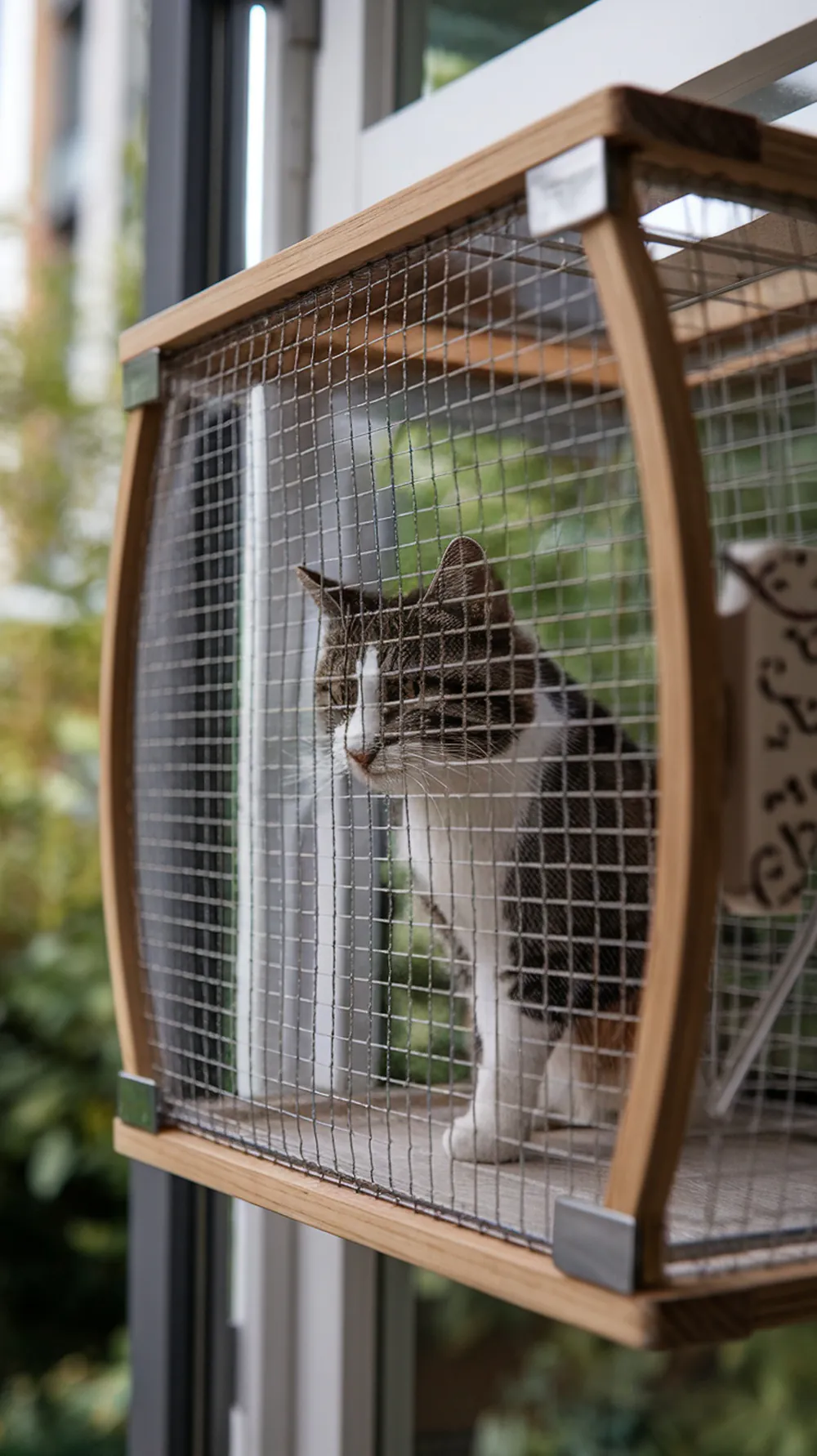 A cat inside a wooden and wire window catio, looking outside.
