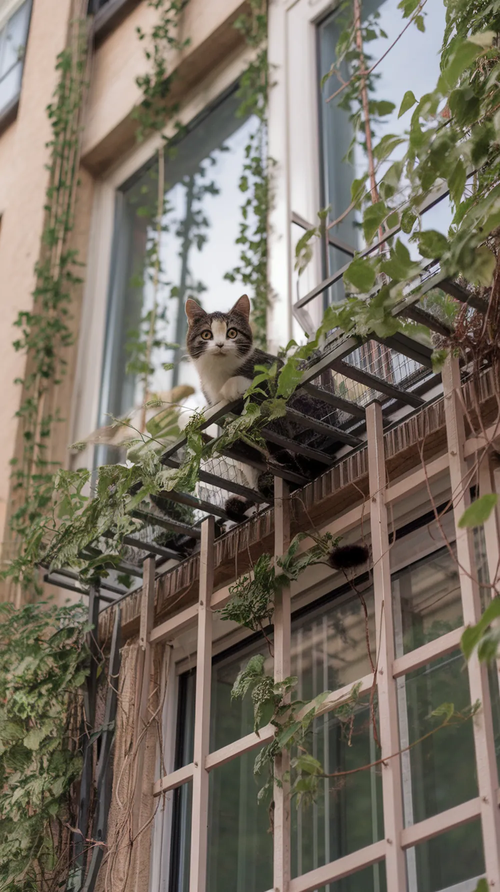 A cat on a trellis attached to a window, surrounded by green plants.