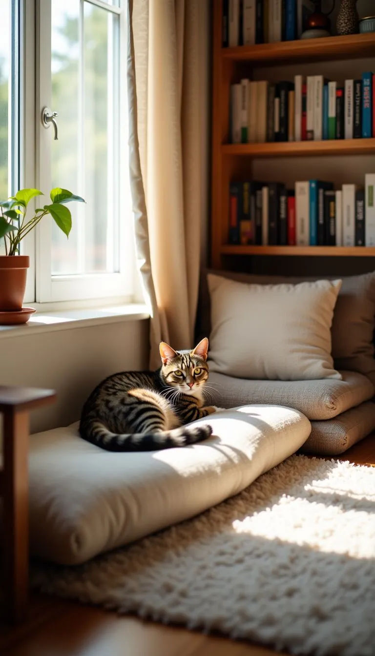 A cozy nook with cushions, blankets, and books for a cat.