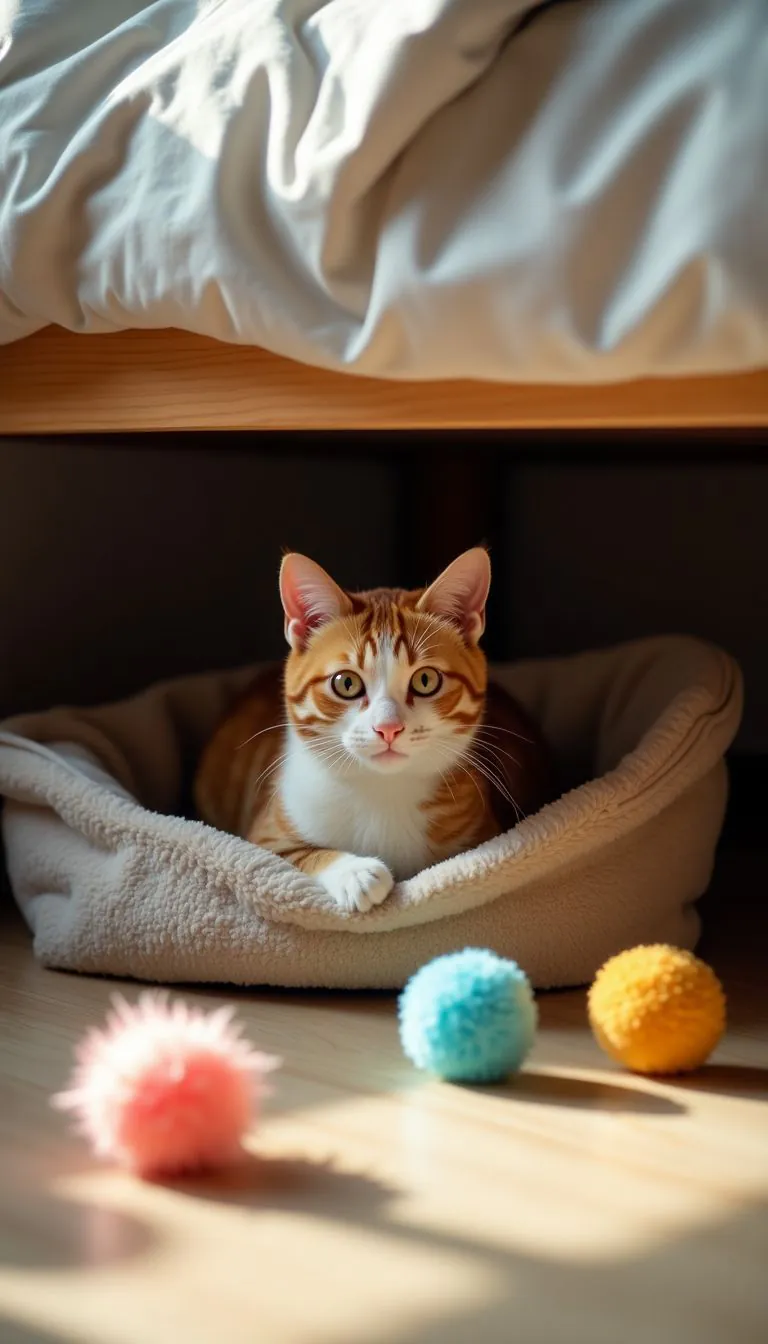 A cozy cat bed with toys tucked under a low bed.