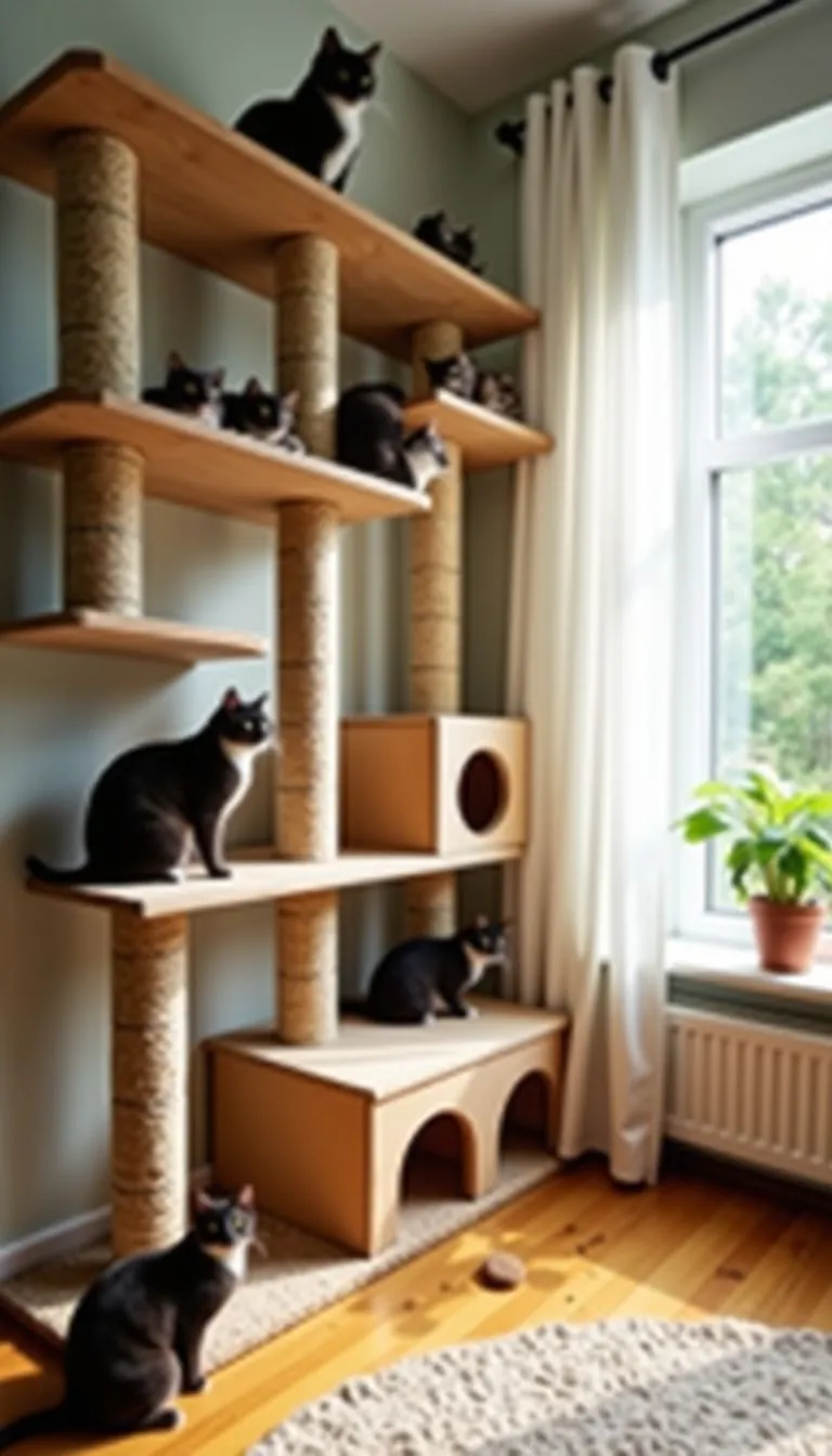 This photo shows a DIY cat wall playground in a cozy room.