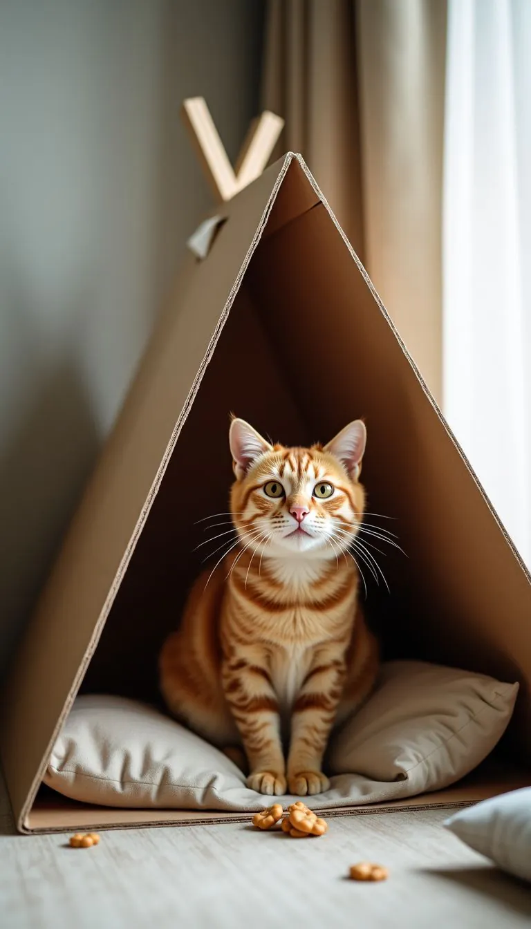 A content cat sits in a cardboard teepee with cushions and treats.