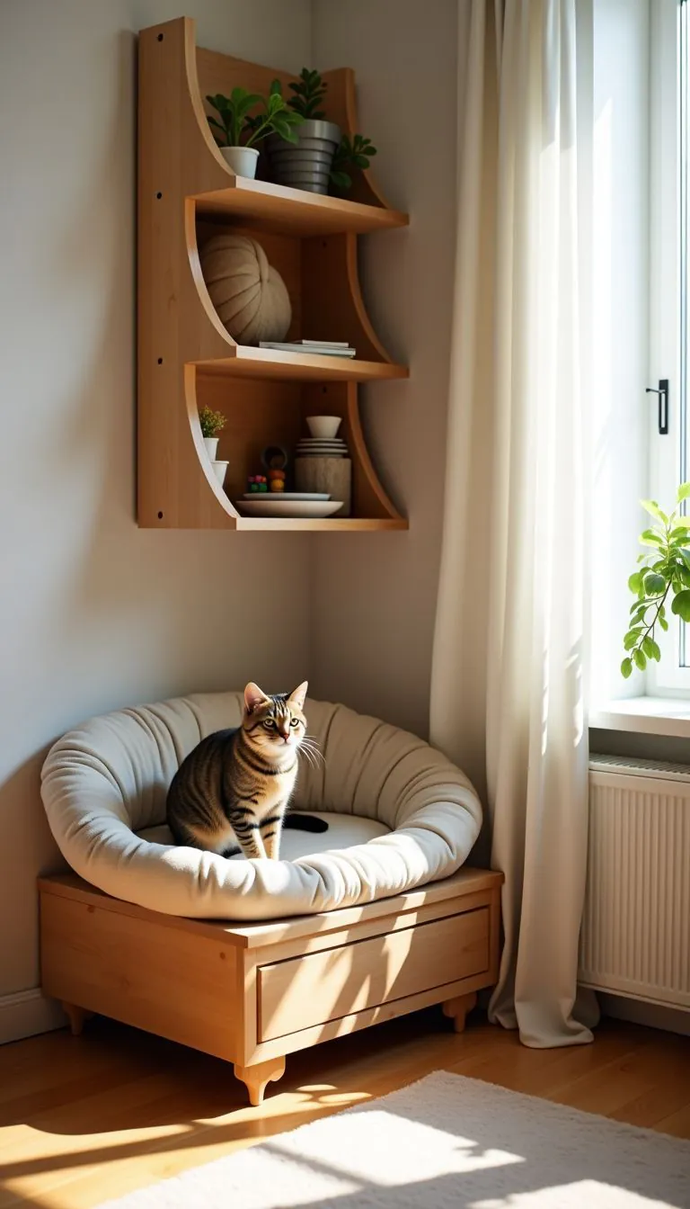 A cozy cat nook in a sunny living room with stylish cat bed and climbing shelves.