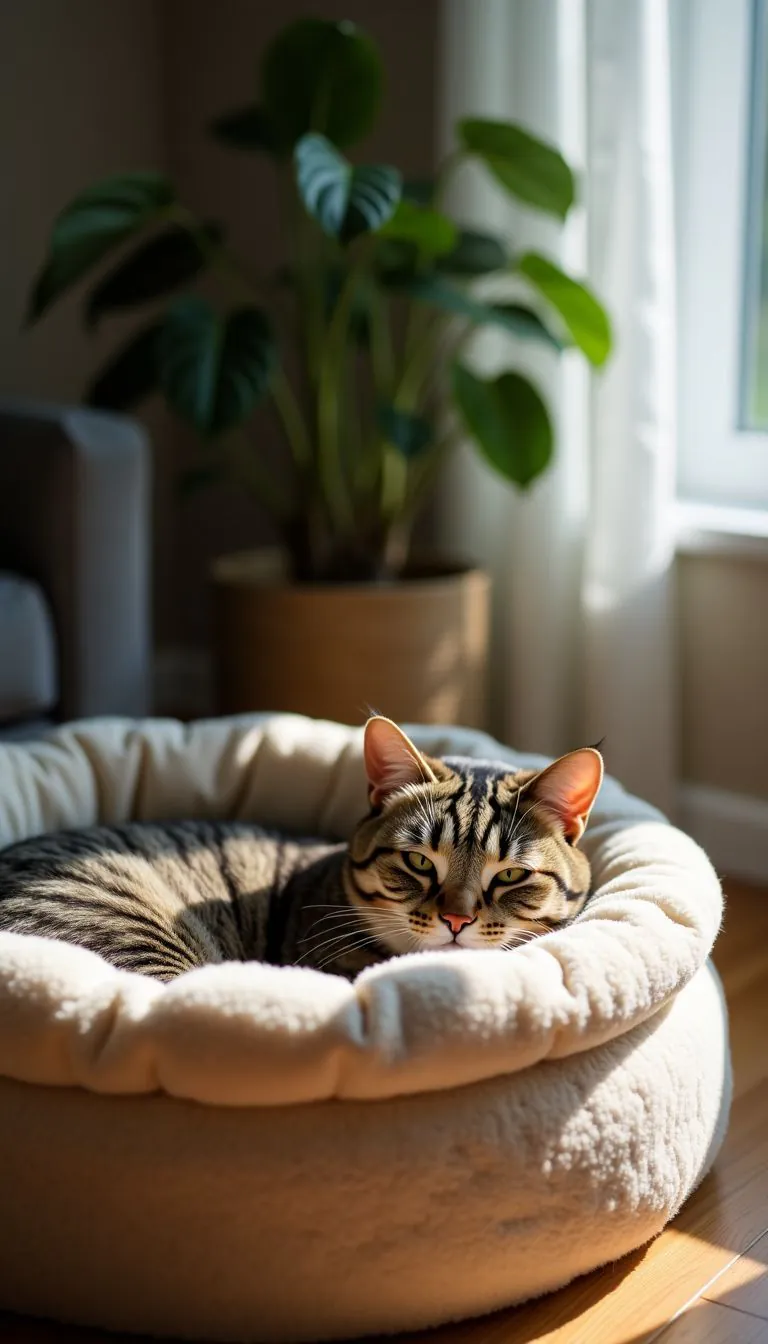 A cat resting in a cozy bed in a quiet living room.