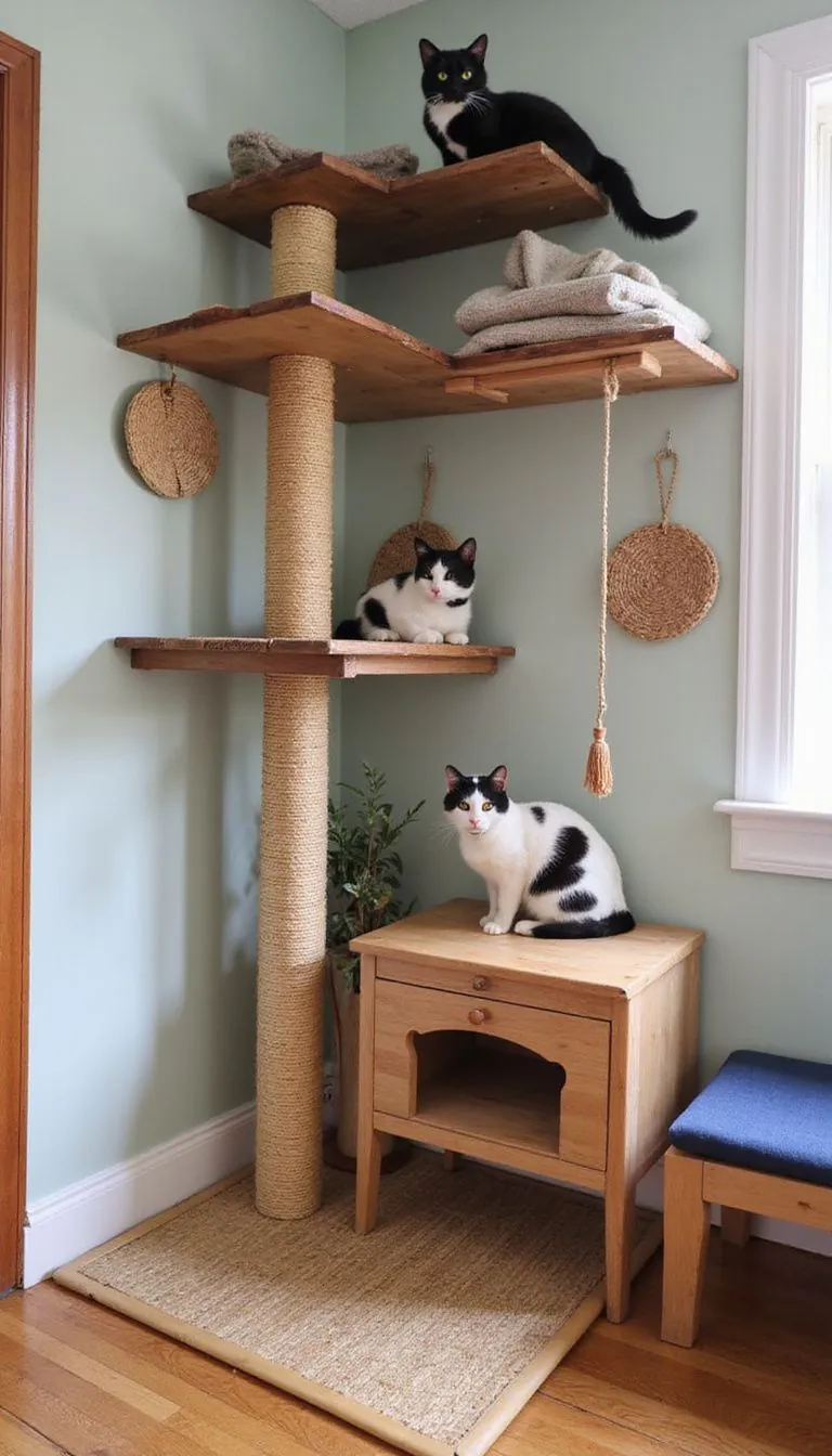 A cozy DIY cat room with multi-level playground and secure shelves.