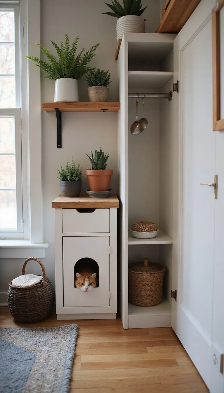 A stylish cat room with modern furniture and accessories for cats.