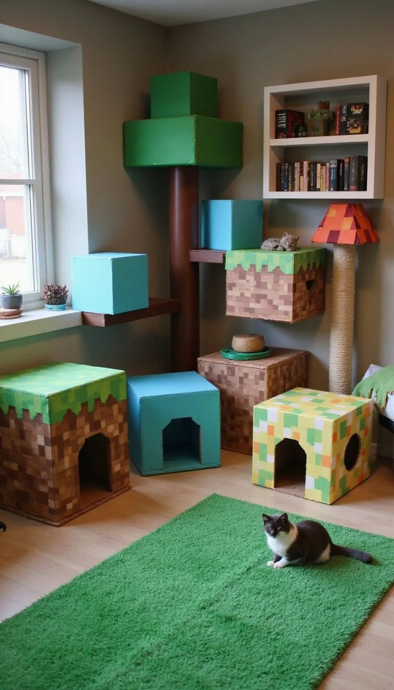 A cozy cat room inspired by Minecraft with pixel-patterned furniture.