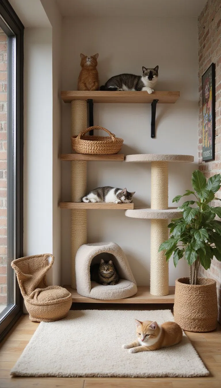 A cozy cat room with furniture, scratching posts, and hiding spots.