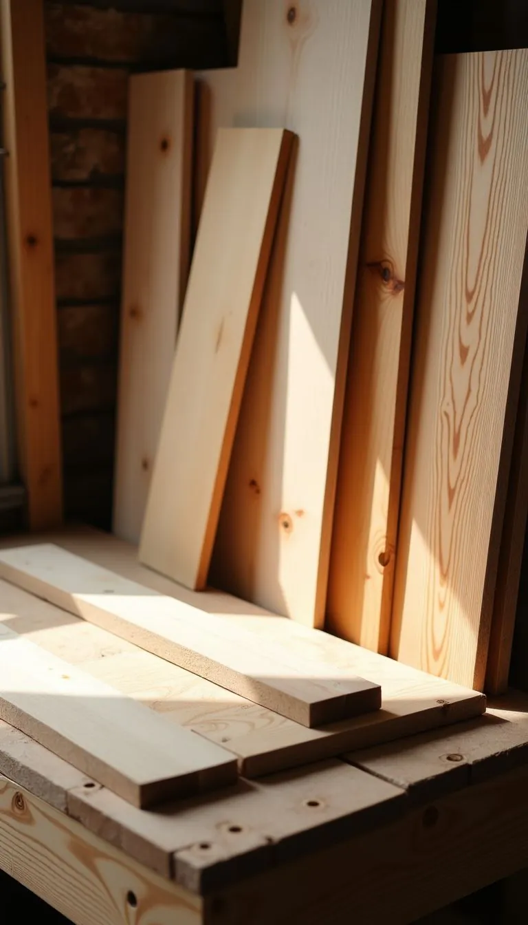 Various types of wood arranged on a rustic workbench in a workshop.