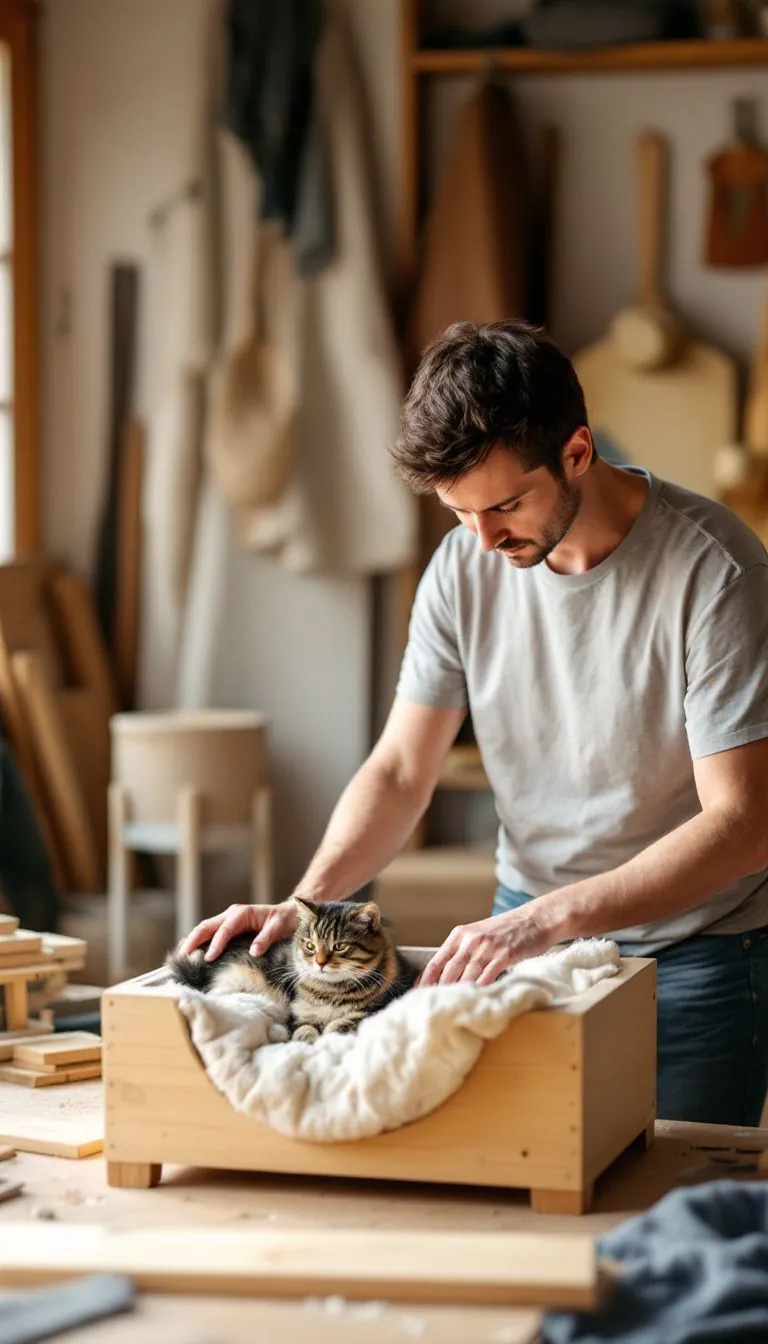 An adult assembling a cozy cat bed in a workshop.