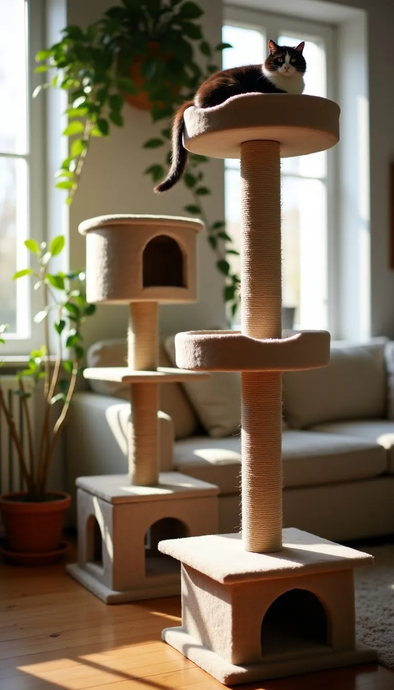 A cozy living room corner with cat climbing tower and scratching post.