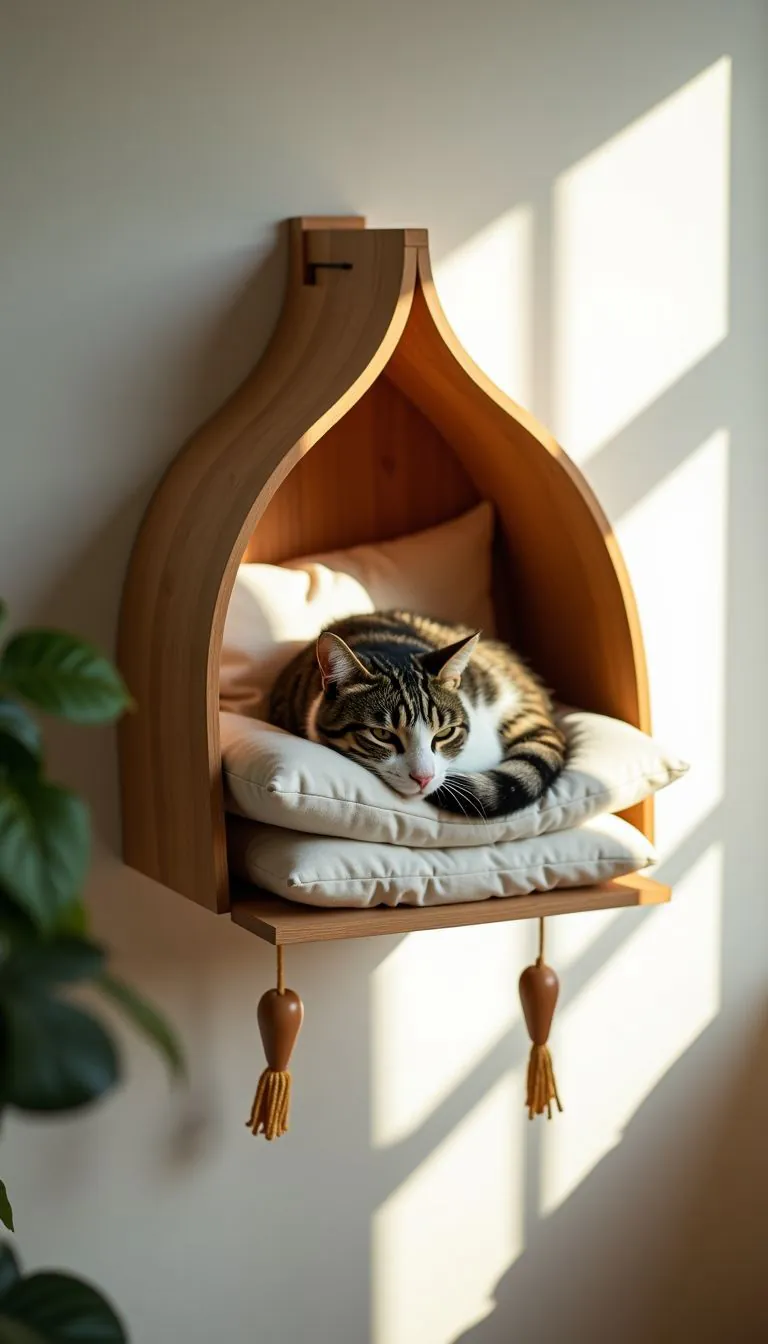 A cat wall mount bed with happy cat in cozy home.