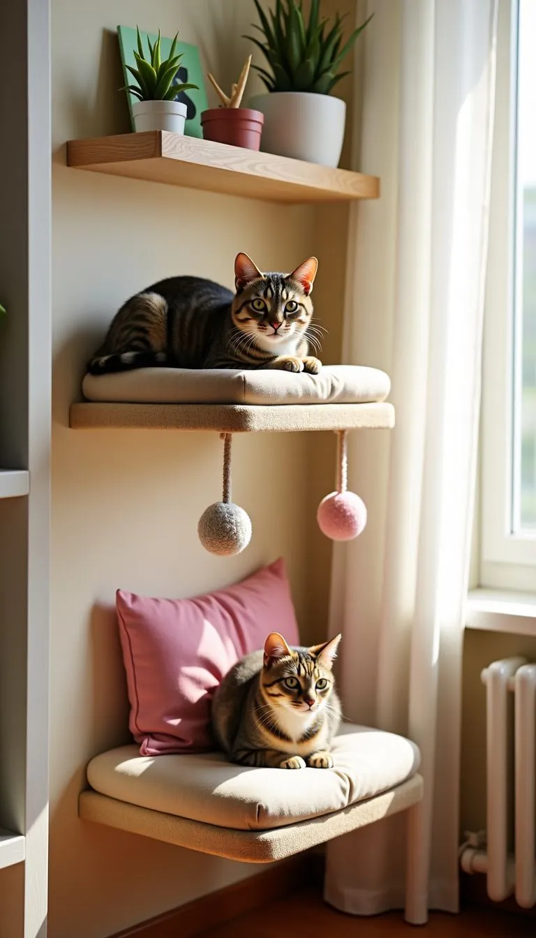 A cozy cat wall mount bed with scratch pads and hanging toys.