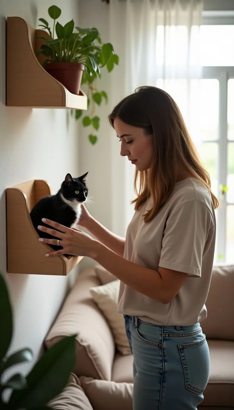 A woman in her 30s cleaning a cat wall mount bed in a cozy living room.