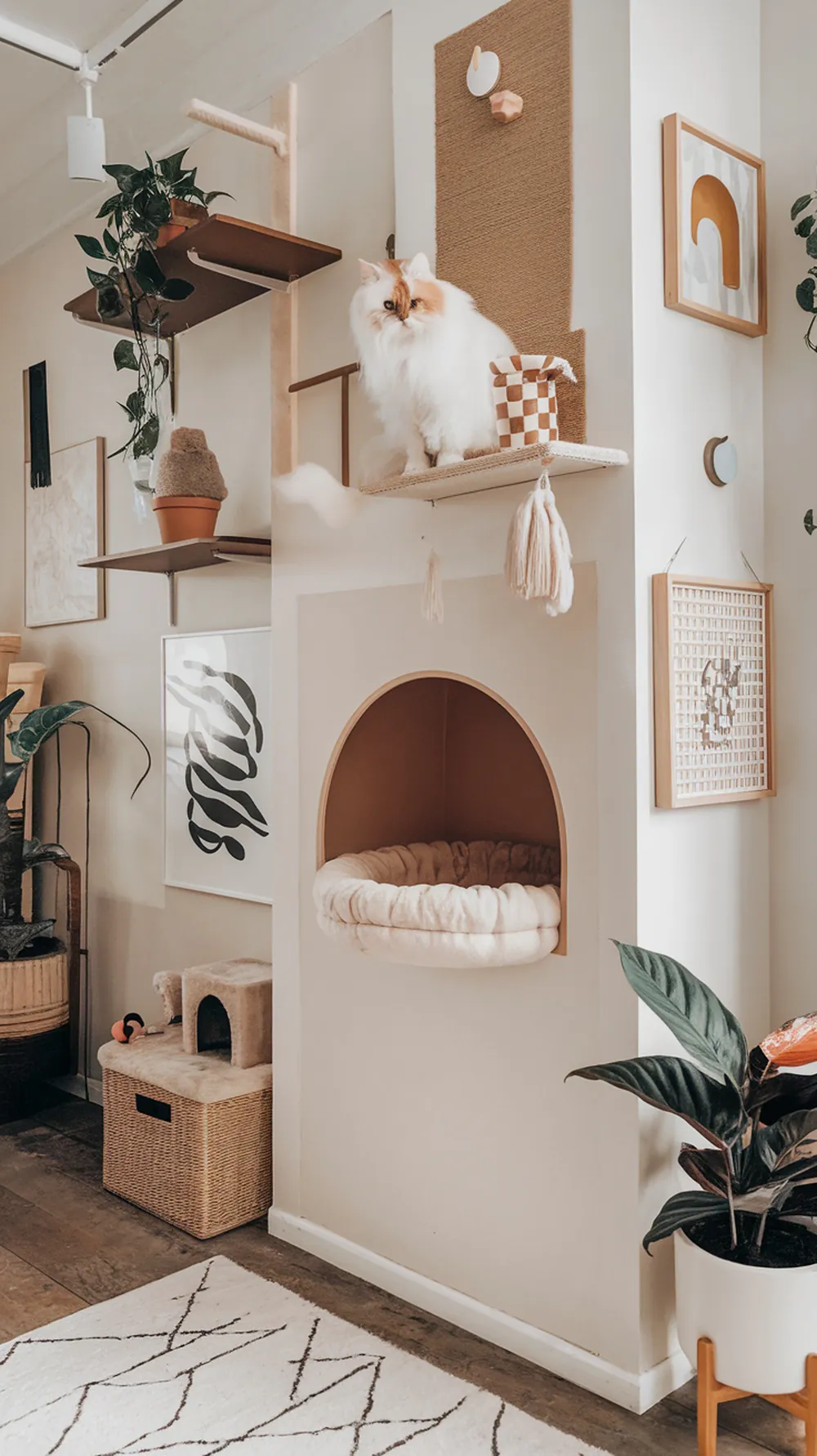 A stylish cat room featuring climbing shelves, a cozy bed, and a cat relaxing on a high perch.