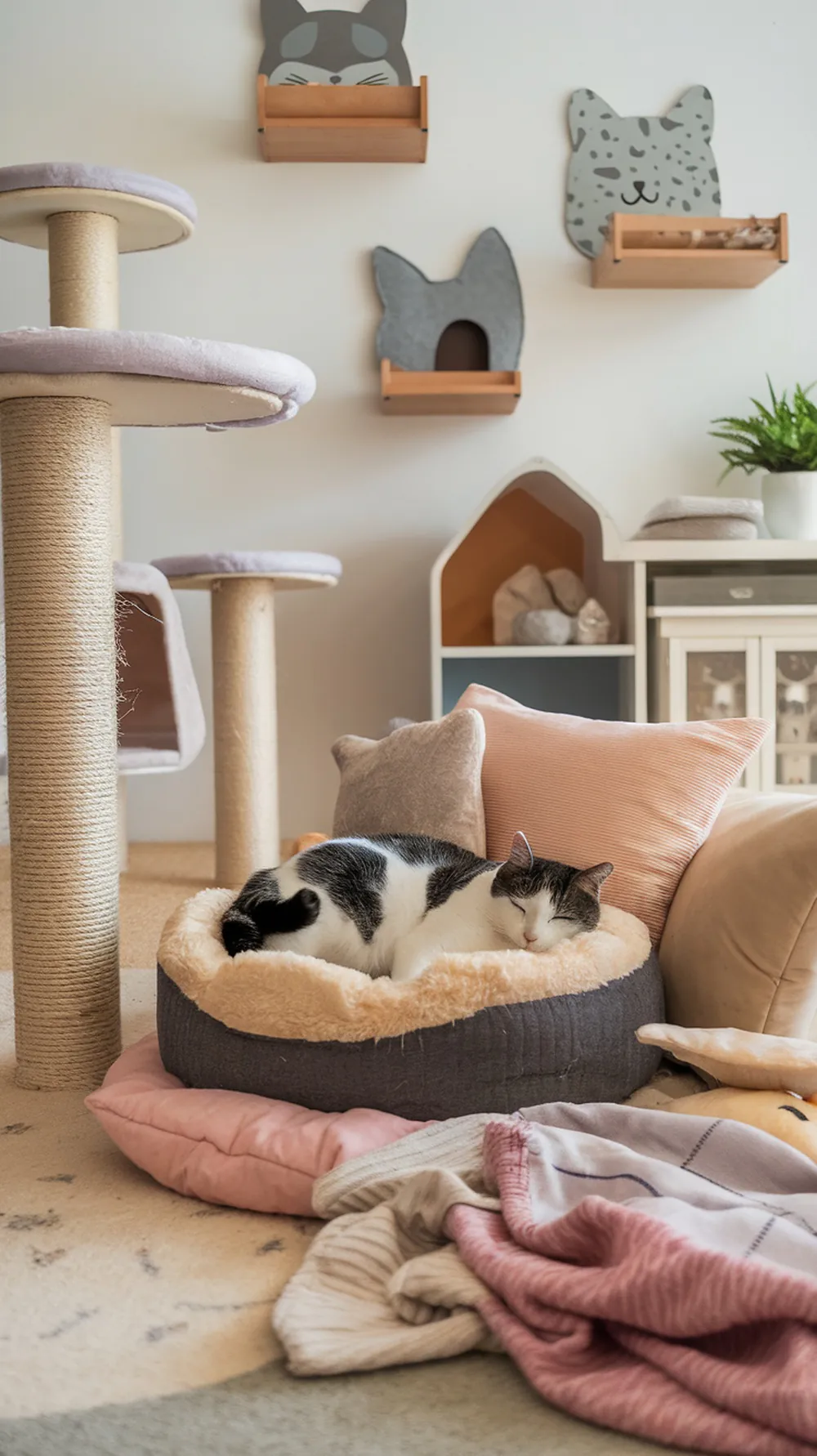 A peaceful room for a senior cat, featuring a cozy bed, soft pillows, and playful wall decor.