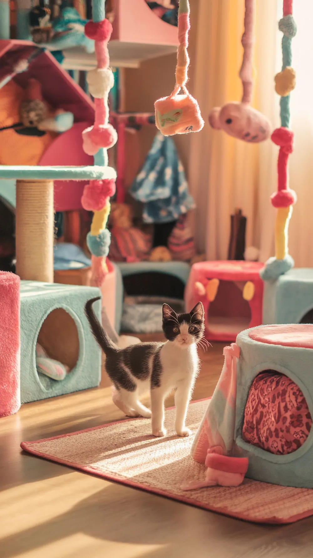 A playful kitten exploring a colorful and soft cat play area filled with climbing structures and dangling toys.