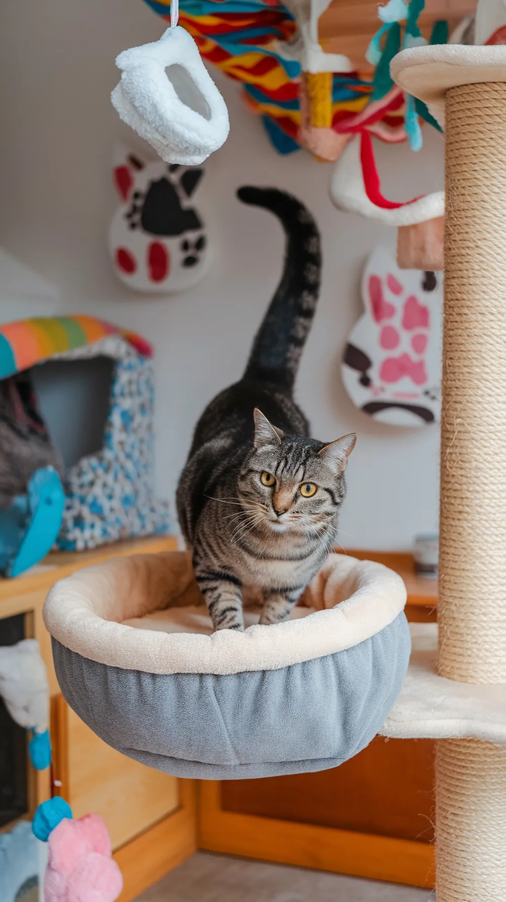A cozy cat room with a cat tree and plush bed, featuring colorful decor and toys for playful cats.