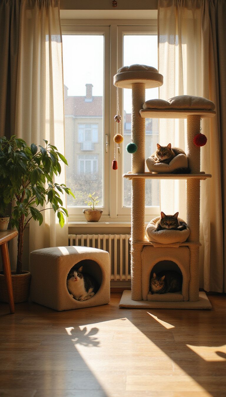cat tree and cat nook in cat room with full of cats in the afternoon lights