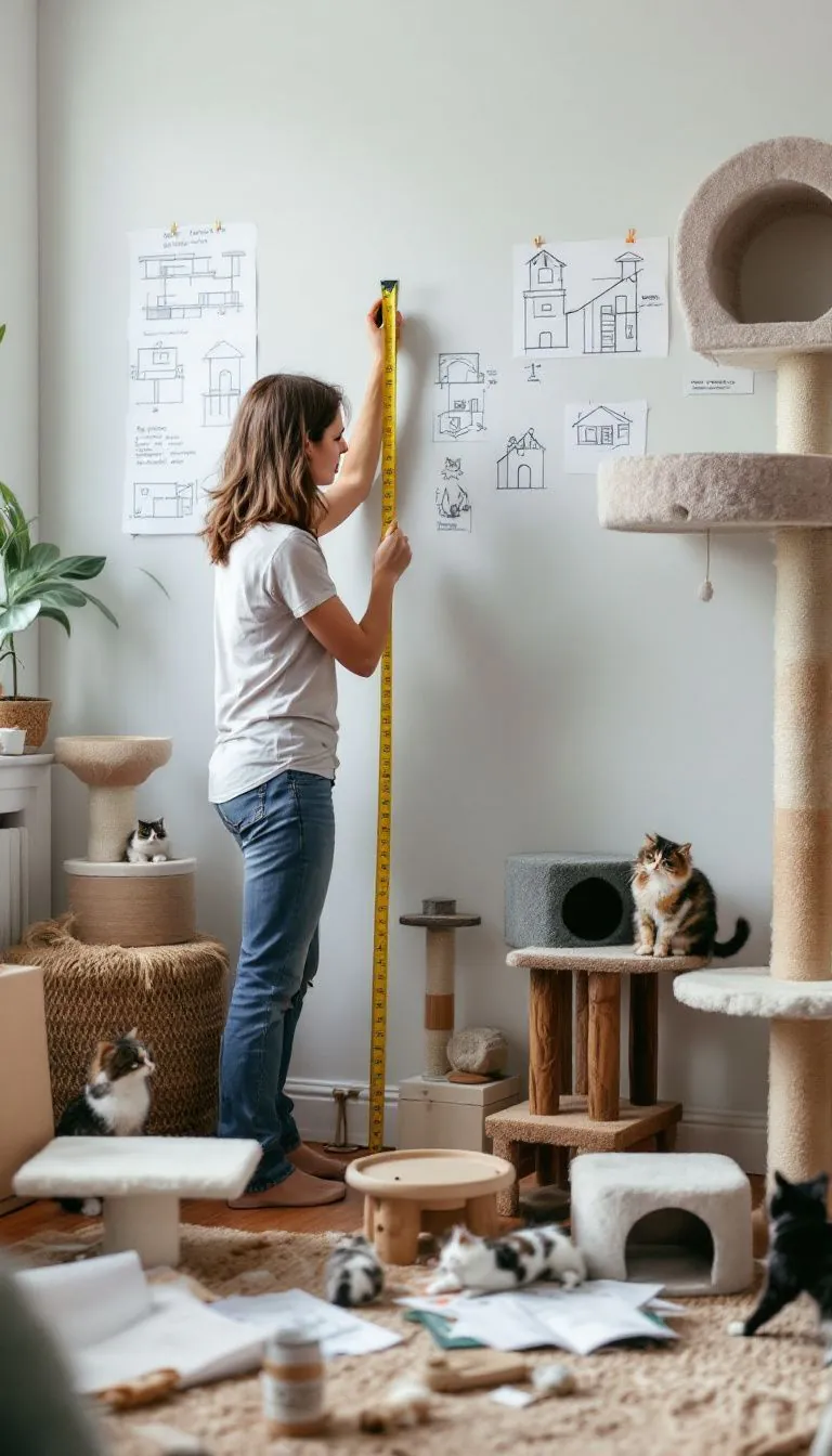 A woman measures wall space for DIY cat playground.