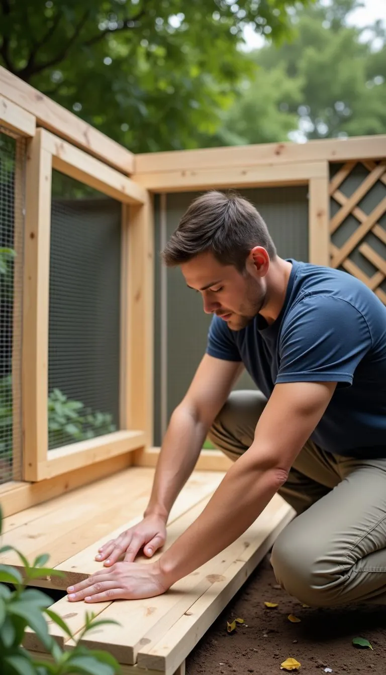 A person measuring and marking lumber to build an outdoor catio.