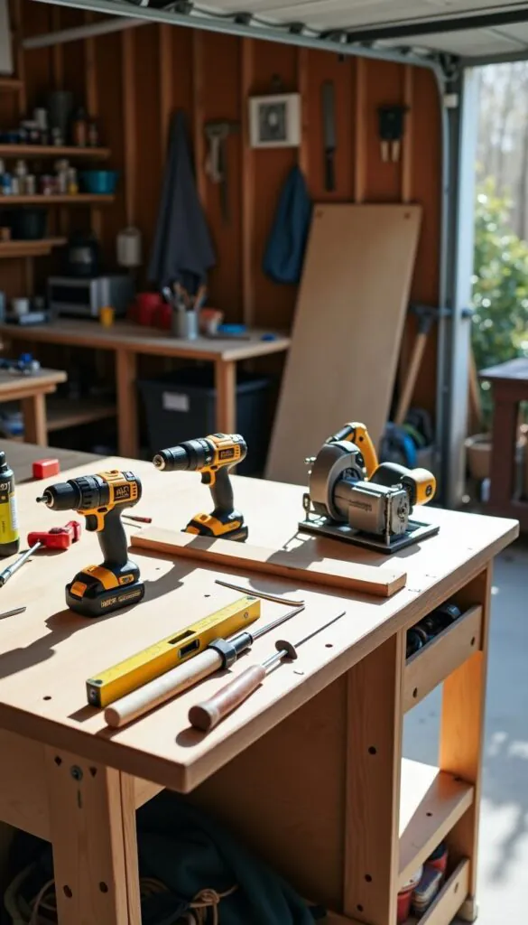 A cluttered garage workbench with tools for a DIY catio project.