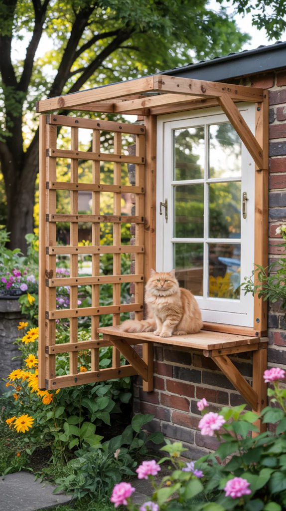 wooden lattice design being built as a DIY small window catio