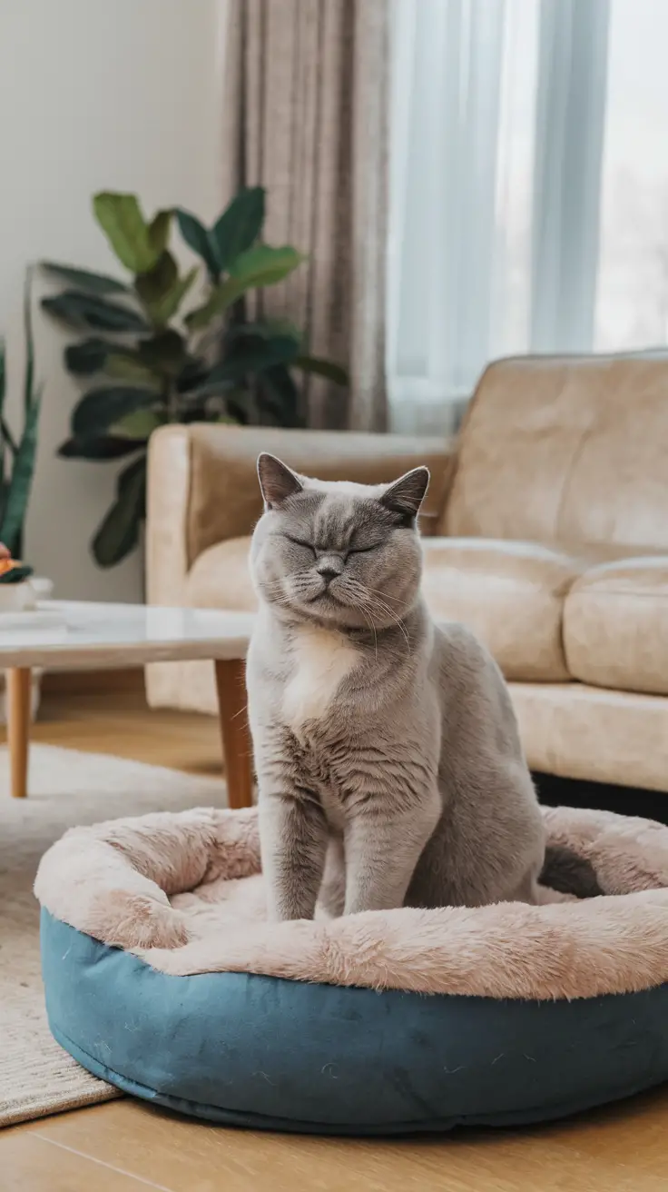 A Blue-Cream British Shorthair cat sits on a plush pet bed in a cozy living room. A Blue-Cream British Shorthair cat sits on a plush pet bed in a cozy living room