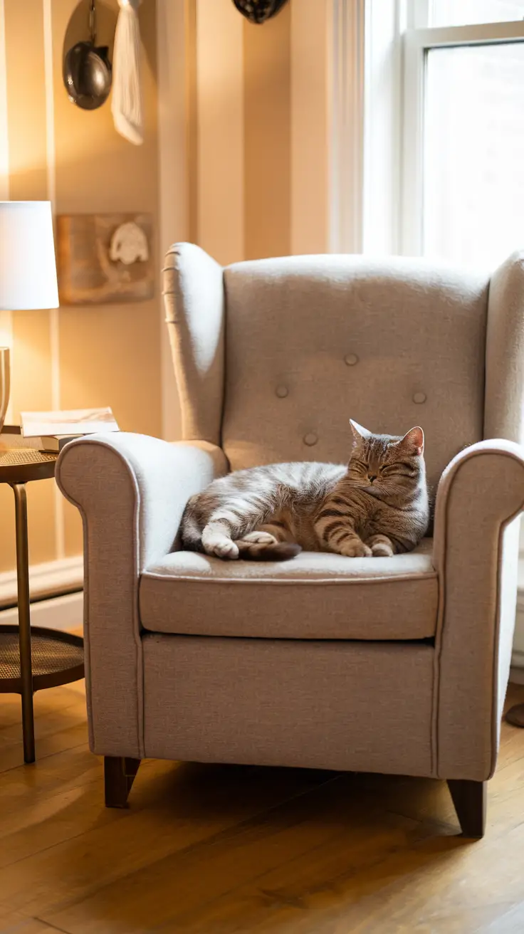 A British Shorthair Tabby cat reclines on a cozy armchair in a warmly lit living room.