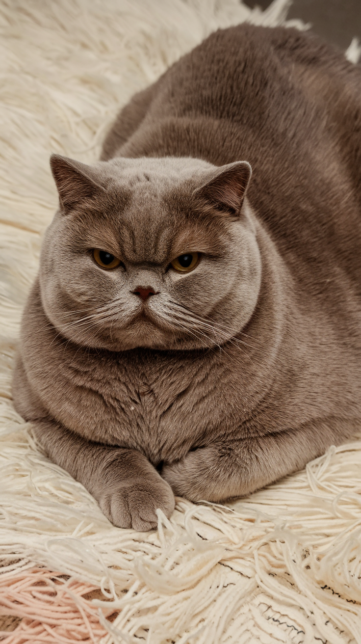 A Chocolate British Shorthair cat lounges on a cream-colored rug