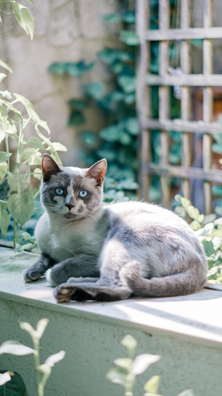 A Colorpoint British Shorthair Cat lounges on a sunlit window ledge with garden view