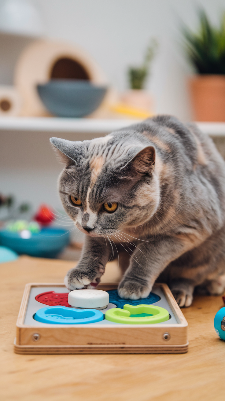 A Colorpoint British Shorthair Cat with detailed fur, engaging with puzzle feeder and toys