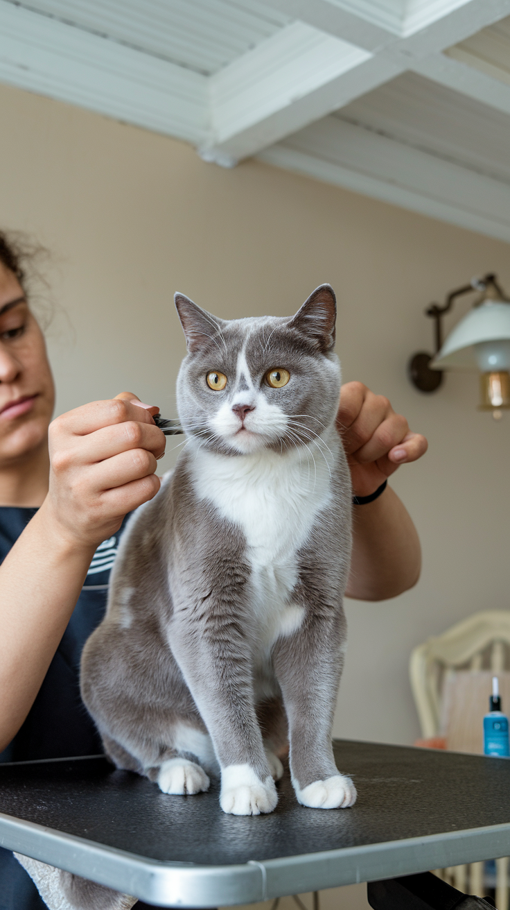 A Colorpoint British Shorthair cat being groomed by a person.