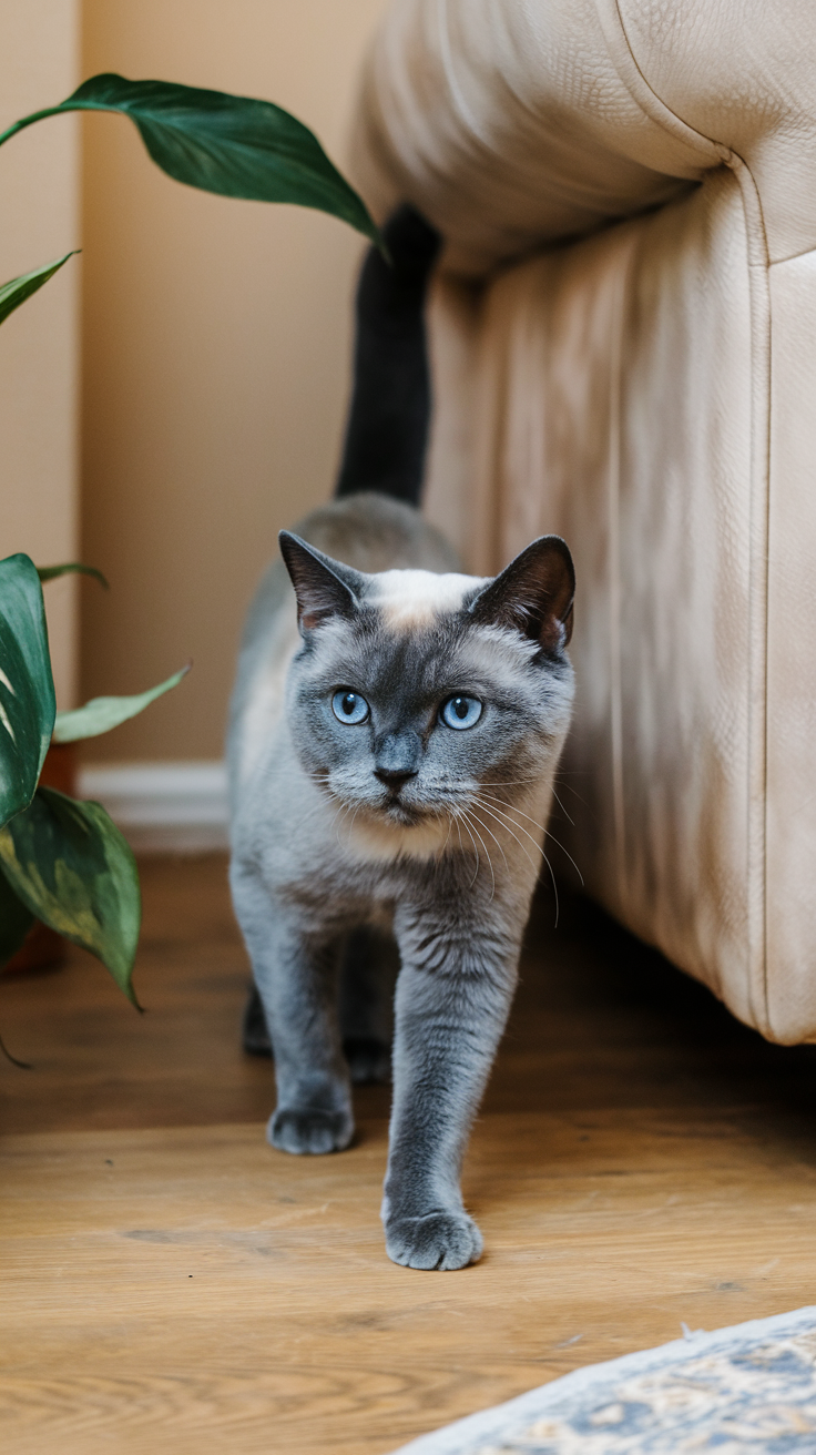A Colorpoint British Shorthair cat gracefully explores a warm, inviting living space