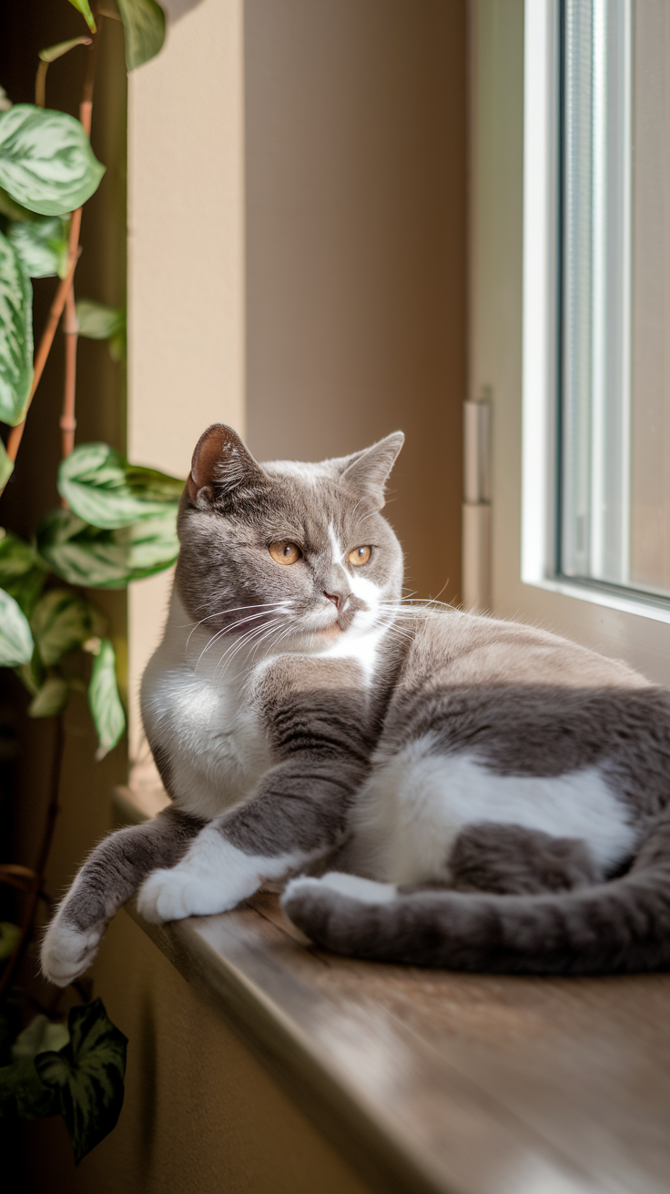 A Colorpoint British Shorthair cat reclines in sunlight on windowsill