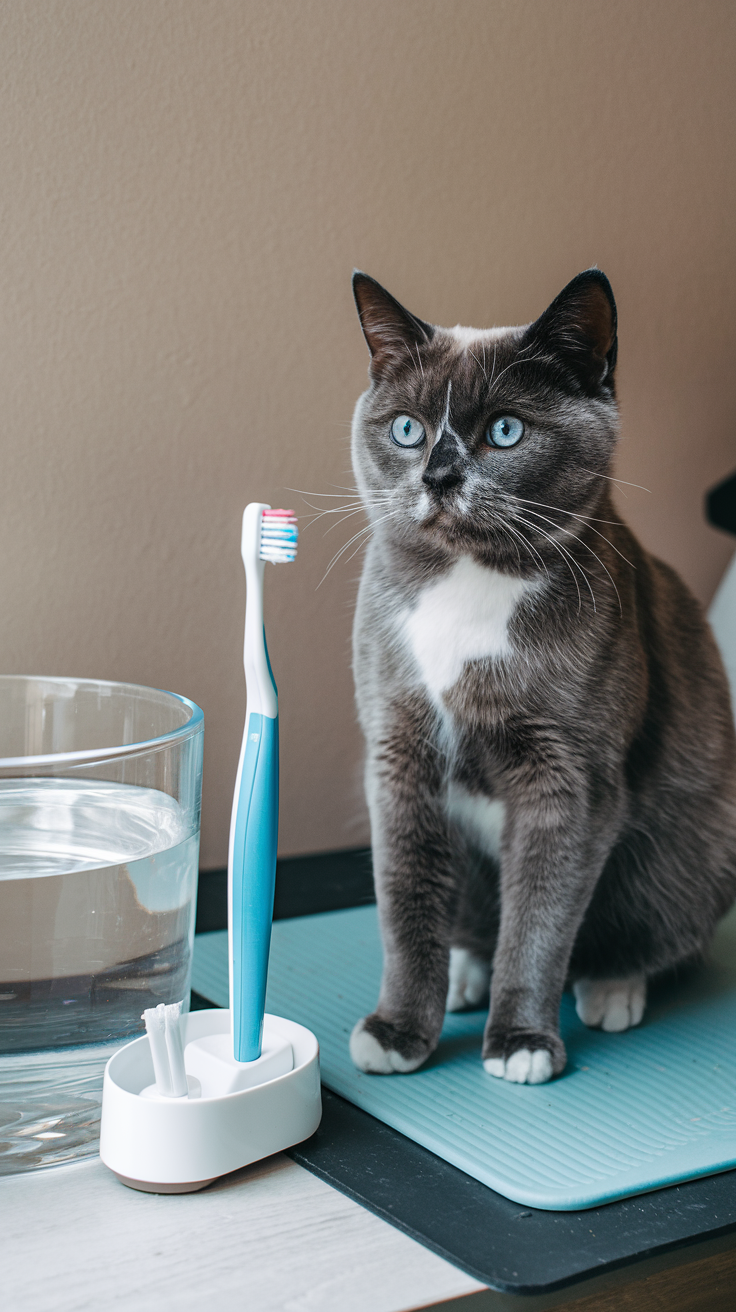 A Colorpoint British Shorthair cat sits next to a water bowl and toothbrush with toothpaste