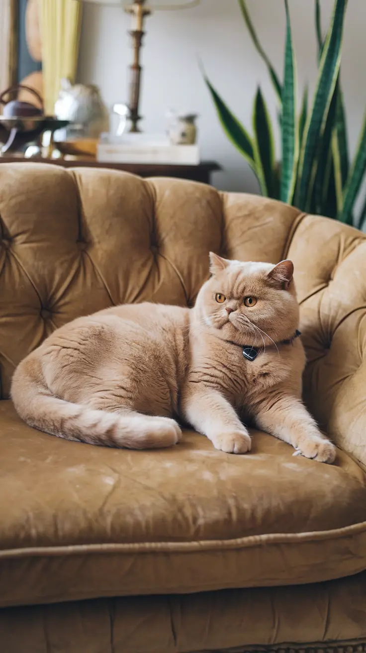 A Golden British Shorthair cat lounges comfortably on a plush sofa